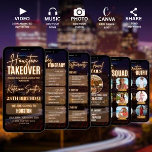 May include: Smartphones showcasing a girls' trip invitation with "Houston Takeover" text. The invitation includes event details, itinerary, and photos. The design features a cityscape background and icons for video, music, photo, Canva, and share.