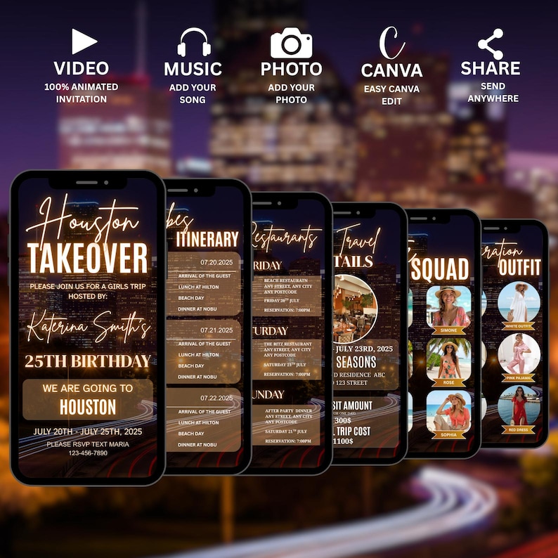 May include: Smartphones showcasing a girls' trip invitation with "Houston Takeover" text. The invitation includes event details, itinerary, and photos. The design features a cityscape background and icons for video, music, photo, Canva, and share.
