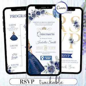 Puede incluir: Tres smartphones que muestran una invitación de quinceañera con diseños florales azul marino y texto dorado. La invitación incluye la fecha, la hora y el lugar. El diseño presenta una joven con un vestido azul. El texto "RSVP trackable" está en la parte inferior.