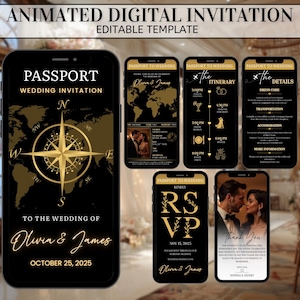 Op de afbeelding: Geanimeerde digitale trouwuitnodigingssjabloon weergegeven op smartphones. Het ontwerp heeft een zwart-gouden kleurenschema met een kompas, wereldkaart en RSVP-details. De uitnodiging bevat de namen Olivia & James en de trouwdatum.