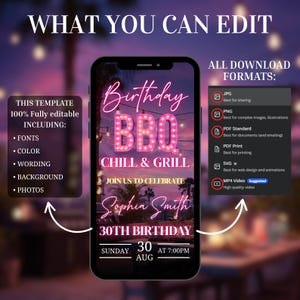 May include: A digital invitation for a 30th birthday BBQ, with a neon pink "Birthday BBQ" sign. The invitation includes editable fonts, colour, wording, background, and photos. Download formats include JPG, PNG, PDF, SVG, and MP4 video.