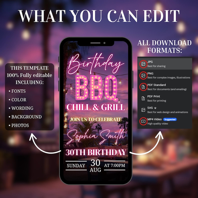 May include: A digital invitation for a 30th birthday BBQ, with a neon pink "Birthday BBQ" sign. The invitation includes editable fonts, colour, wording, background, and photos. Download formats include JPG, PNG, PDF, SVG, and MP4 video.