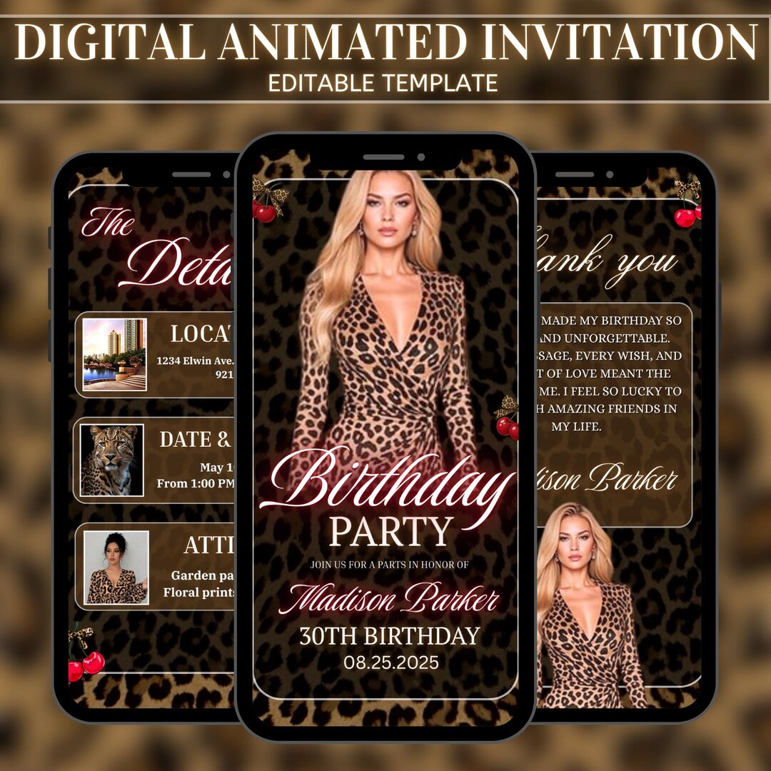Animated Leopard Birthday Invite, Animal Print Party Invitation ...