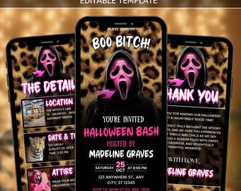 Gruselige Halloween-Einladung | Girls Night Party Evite | Gepard Poster Design | Bearbeitbare Canva Vorlage | Sofort Download