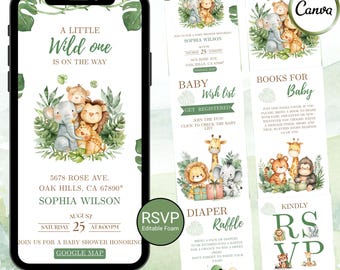 Digital Jungle Safari Baby Shower Invitation RSVP, Gender Neutral Baby Shower Invite, Editable Canva, Clickable Countdown& Trackable RSVP
