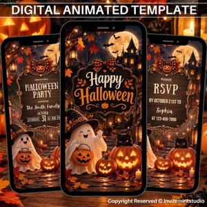 May include: A digital animated Halloween invitation template displayed on three smartphones. The design features a spooky haunted house background, smiling ghosts wearing witch hats, and jack-o'-lanterns. Text includes Happy Halloween, Halloween Party, and RSVP.