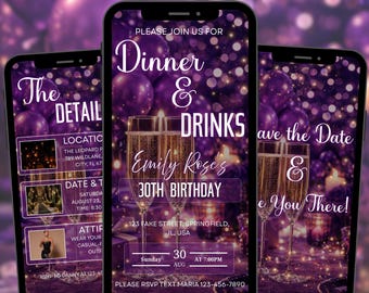 Editable Purple Digital Birthday Invitation, Animated Dinner and Drinks Evite, Canva Template, Birthday Celebration Invite, PDF Download