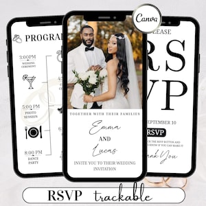 Peut inclure: Trois smartphones affichant une invitation de mariage, un programme d'événement et des détails de RSVP. L'invitation présente un couple, les noms "Emma et Lucas", et le texte "Vous invitent à leur invitation de mariage". Le logo Canva est visible.