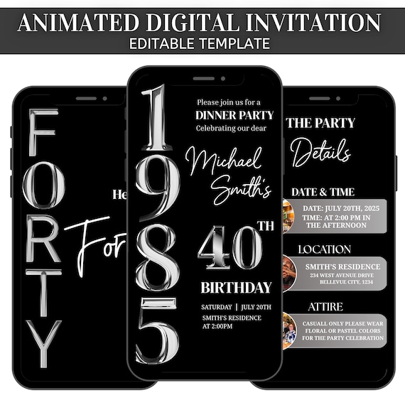 Animated Men Digital 40th Birthday Evite, Minimalist 40th Birthday, Modern Editable 40th Birthday Invite, Animated Black Silver Theme