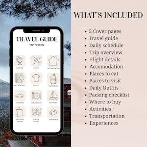 Puede incluir: Una pantalla de tel&eacute;fono inteligente que muestra una aplicaci&oacute;n de gu&iacute;a de viaje con iconos para descripci&oacute;n general, vuelo, alojamiento, horario diario, atuendos, lista de embalaje, transporte, lugares para comer, actividades, compras y lugares para visitar. El texto "TRAVEL GUIDE" est&aacute; en la parte superior.