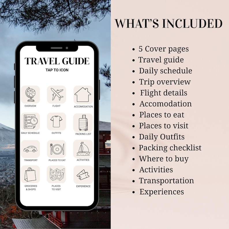Puede incluir: Una pantalla de tel&eacute;fono inteligente que muestra una aplicaci&oacute;n de gu&iacute;a de viaje con iconos para descripci&oacute;n general, vuelo, alojamiento, horario diario, atuendos, lista de embalaje, transporte, lugares para comer, actividades, compras y lugares para visitar. El texto "TRAVEL GUIDE" est&aacute; en la parte superior.