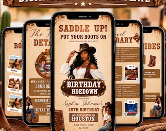 Wochenendprogramm für ein Cowgirl-Geburtstagsfest, animierte Einladung zum Western-Rodeo, bearbeitbare Canva-Vorlage, Partyablauf, digitaler Download