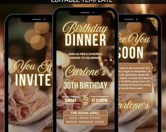 Digital Birthday Dinner Party Invitation, Animated Invitation Editable Template, Birthday Party, Text, Party Birthday Girl  Digital Invite