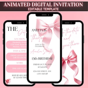 Peut inclure: Trois smartphones affichant une invitation numérique pour un 13e anniversaire. L'invitation présente un nœud rose, les détails de l'événement et le texte "Amelia a treize ans". Le fond est rose clair.