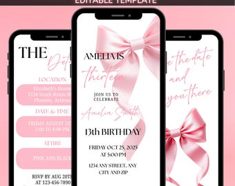 Animated Pink Bow Birthday Invitation, Digital Pink Ribbon Girls Birthday Party, Pink Coquette Bow Invite, Editable Birthday Invitation,