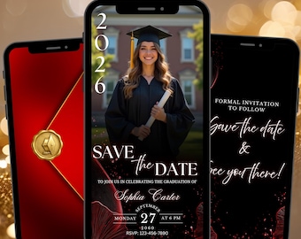 Editable Modern Graduation Save The Date Invitation, College Grad Video Red Invitation, Instant Download for Graduation Celebration