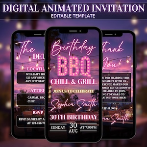 May include: Three smartphones showing a digital animated invitation template. The invitation includes the text "Birthday BBQ Chill & Grill" and "30th Birthday". The background depicts a sunset with fairy lights.
