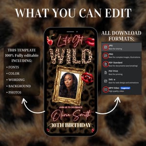 May include: A digital invitation template with a leopard print background. The design includes the text "Let's Get Wild" and "Olivia Smith 30th Birthday". The template is fully editable, including fonts, color, wording, background, and photos.