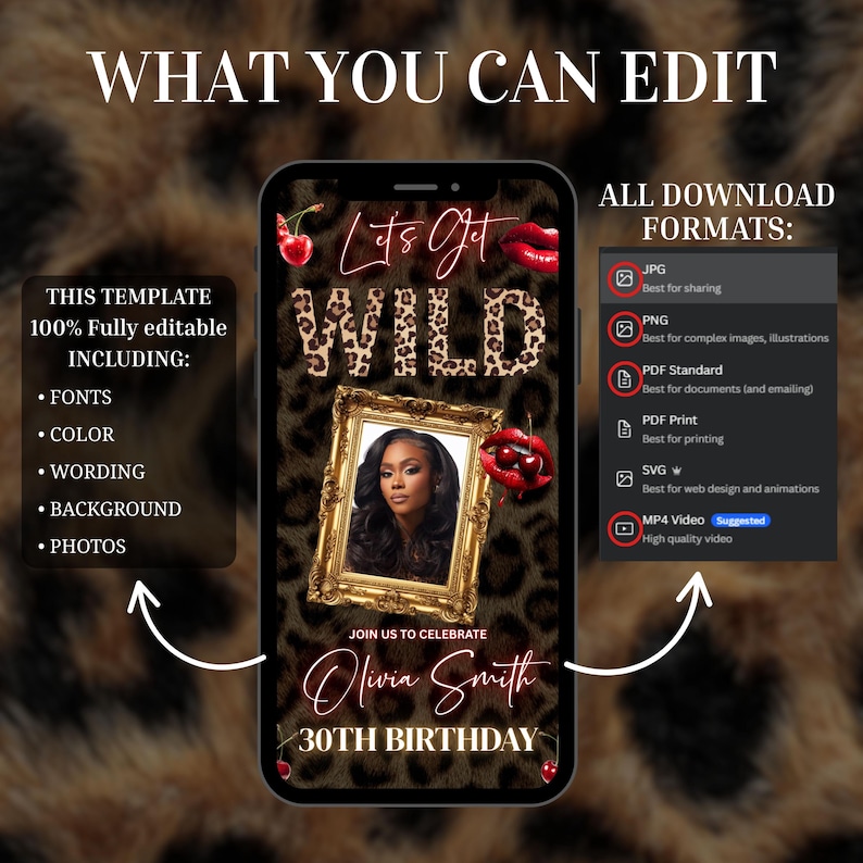 May include: A digital invitation template with a leopard print background. The design includes the text "Let's Get Wild" and "Olivia Smith 30th Birthday". The template is fully editable, including fonts, color, wording, background, and photos.