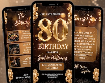 Einladung zum 80. Geburtstag, digitale Einladungsvorlage, elegante mobile Geburtstagseinladung, selbst bearbeitbares Canva-Design, PDF-Download