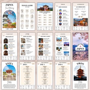 Puede incluir: Un itinerario de viaje a Jap&oacute;n, con un programa detallado, una gu&iacute;a de viaje e informaci&oacute;n sobre alojamiento. El dise&ntilde;o incluye im&aacute;genes de lugares emblem&aacute;ticos japoneses, horarios diarios y actividades sugeridas del 1 al 15 de junio.