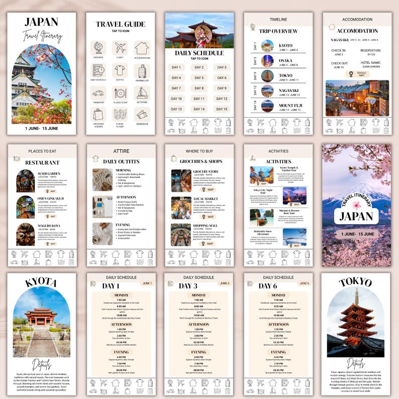 Puede incluir: Un itinerario de viaje a Jap&oacute;n, con un programa detallado, una gu&iacute;a de viaje e informaci&oacute;n sobre alojamiento. El dise&ntilde;o incluye im&aacute;genes de lugares emblem&aacute;ticos japoneses, horarios diarios y actividades sugeridas del 1 al 15 de junio.