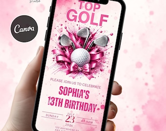 Fun Golf Geburtstagseinladungsvideo, Rosa Sport Top Golf Party Evite, animierte digitale WhatsApp einladen, bearbeitbare Canva Vorlage