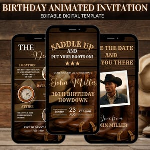 Western animierte Partyeinladung, Cowboy Einladung Vorlage, DIY Template-Design, Cowboy Vorgefertigte Country Western Feier