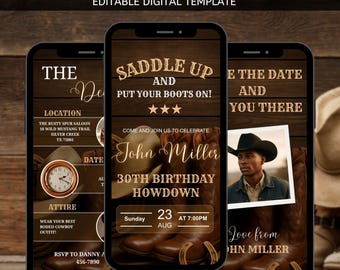 Digital Western Animated  Party Invitation, Cowboy Invitation Template, DIY Template Design, Cowboy Premade Country Western Celebration