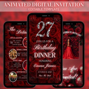 Può includere: Modello di invito digitale animato per una cena di compleanno per i 27 anni. Il design presenta uno sfondo di rose rosse con il testo "Unisciti a noi per una cena di compleanno" e "Salva la data".