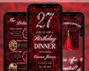 Digital Birthday Dinner Invite, Self Editable Template, Red Rose Theme, Digital Birthday Party Invit, Invite For Birthday, Animated Template