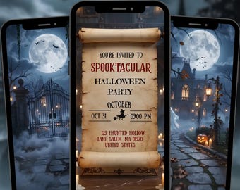 Animierte, gruselige Halloween-Geburtstagseinladung, digitale Party-Videoeinladung, bearbeitbare Canva-Vorlage, schaurige Halloween-Einladung, Kostümfeier