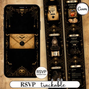 May include: A digital Halloween invitation template featuring a black background with gold ornate filigree, spiderwebs, skulls, and bats. The design includes an envelope graphic with the text You're Invited, a clock, a pumpkin, and RSVP fields.