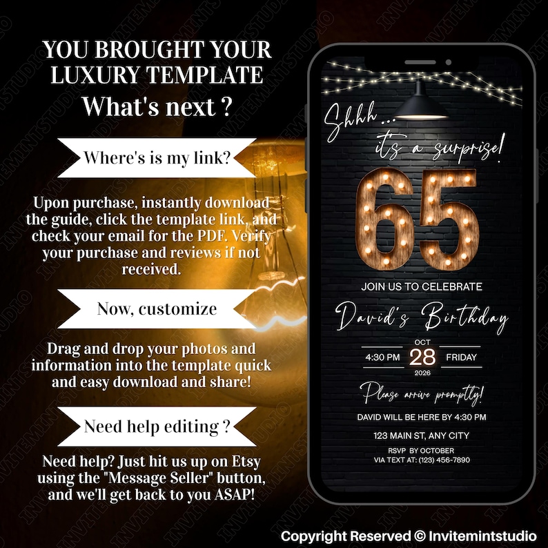 Editable 65th Birthday Invitation Template for Him, Clean Minimal Canva ...