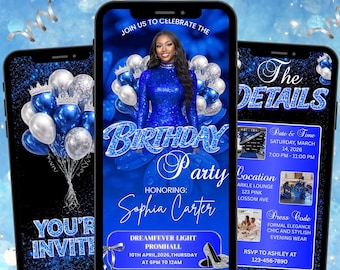 Animated Blue Birthday Party Invitation, Canva Editable Template, Custom Birthday Video Invitation, Balloons Theme Party Evite, PDF Download