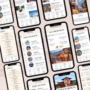 Puede incluir: Varios tel&eacute;fonos inteligentes que muestran informaci&oacute;n del itinerario de viaje. Las pantallas muestran res&uacute;menes de viajes, detalles de alojamiento, horarios diarios y mapas. La aplicaci&oacute;n incluye informaci&oacute;n para Kioto, Osaka, Tokio, Nagasaki y el Monte Fuji. La interfaz es limpia con un fondo beige claro.