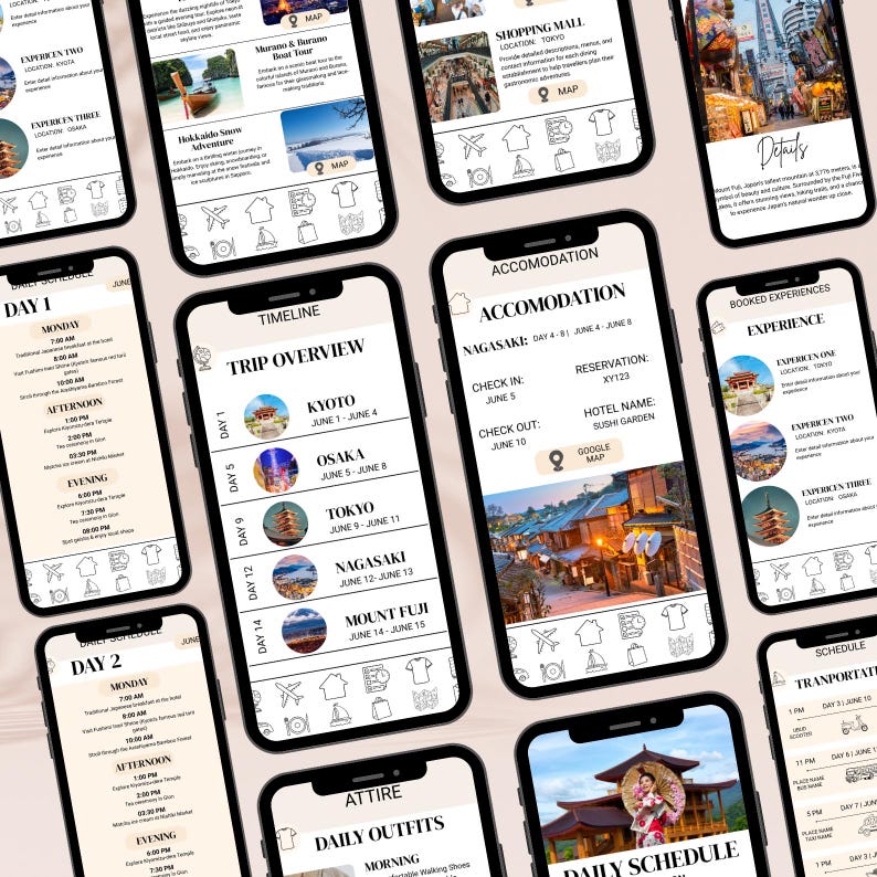 Puede incluir: Varios tel&eacute;fonos inteligentes que muestran informaci&oacute;n del itinerario de viaje. Las pantallas muestran res&uacute;menes de viajes, detalles de alojamiento, horarios diarios y mapas. La aplicaci&oacute;n incluye informaci&oacute;n para Kioto, Osaka, Tokio, Nagasaki y el Monte Fuji. La interfaz es limpia con un fondo beige claro.