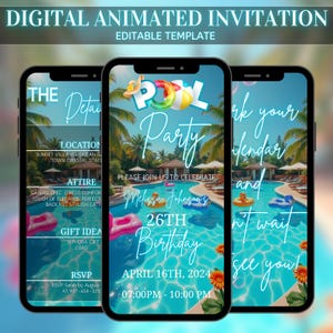 Könnte beinhalten: Drei Smartphones, die eine digitale animierte Einladung zu einer Poolparty anzeigen. Die Einladung zeigt eine Poolszene mit Palmen, Text und schwimmenden Poolspielzeugen. Der Text enthält Party-Details und RSVP-Informationen.