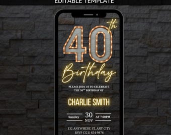 40th Birthday Invitation For Men, Minimalist 40th Birthday, Forty Party Invite For Him, Mens 40th birthday invite, Phone Digital Invite