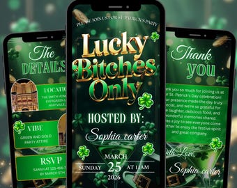 St. Patrick’s Day Party Invitation, Lucky Bitches Only, Lucky Clover Celebration, Editable Canva Design for St. Paddy Party, PDF Download