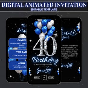 May include: Digital animated birthday invitation template. The design features a black background with blue and white balloons, and the number 40 in a diamond-like font. The invitation includes details such as date, time, location, and attire.