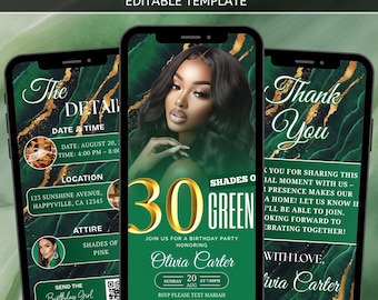 Editable 30th Shades of Green Birthday Invitation, Video Invitation Template, Self Editable Template, Elegant Canva Design, Digital Download