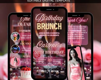 Digital-Geburtstags-Brunch-Party-Einladung, Brunch animierte einladen, Rosa Geburtstag einladen, Geburtstag Digital Evite, bearbeitbare Vorlage