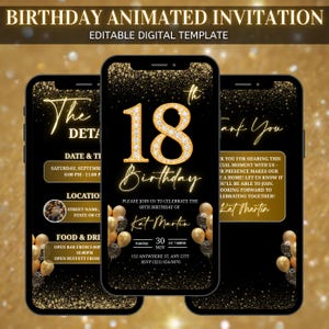 Digital 18th Birthday Party Video Invitation, Canva Editable, Animated Black Gold Diamond Evite, Birthday Party Invite, Woman Birthday party