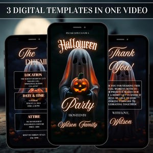 May include: Three digital Halloween party invitation templates displayed on smartphones. The central image features a ghost holding a jack-o'-lantern. The invitations include event details, date, time, location, and RSVP information. The overall design is dark with orange and white accents.