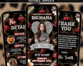 Big Mama Geburtstagseinladung, Kirsche Leopard Print Party Vorlage, bearbeitbares rotes und schwarzes Geparden Design, digitale Canva-Datei, PDF-Download