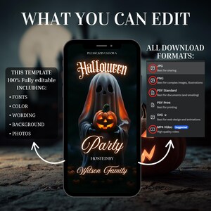 May include: A digital Halloween party invitation on a smartphone screen. The design features a glowing ghost holding a jack-o'-lantern, with the text "Halloween Party" and "Hosted by Wilson Family". Additional text indicates the template is fully editable.