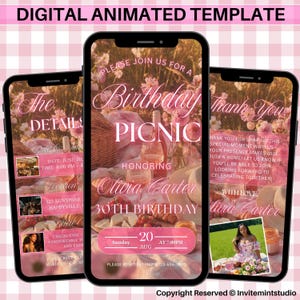 May include: Digital animated birthday picnic invitation template on three smartphones. The design features a picnic scene with pink flowers, a bottle, glasses, and text. The invitation is for Olivia Carter's 30th birthday.