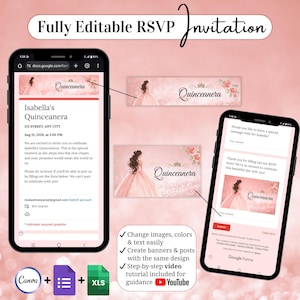 May include: A digital invitation design for a Quincea&ntilde;era, displayed on two smartphones. The design features a young woman in a pink gown, floral accents, and the text "Quinceanera". The invitation is fully editable and includes a video tutorial.