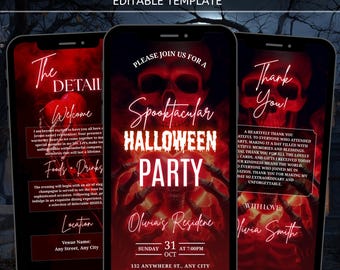 Puede incluir: Plantilla de invitación digital animada para una fiesta de Halloween. El diseño presenta un tema espeluznante con una calavera y manos de esqueleto, e incluye detalles del evento como fecha, hora y lugar.